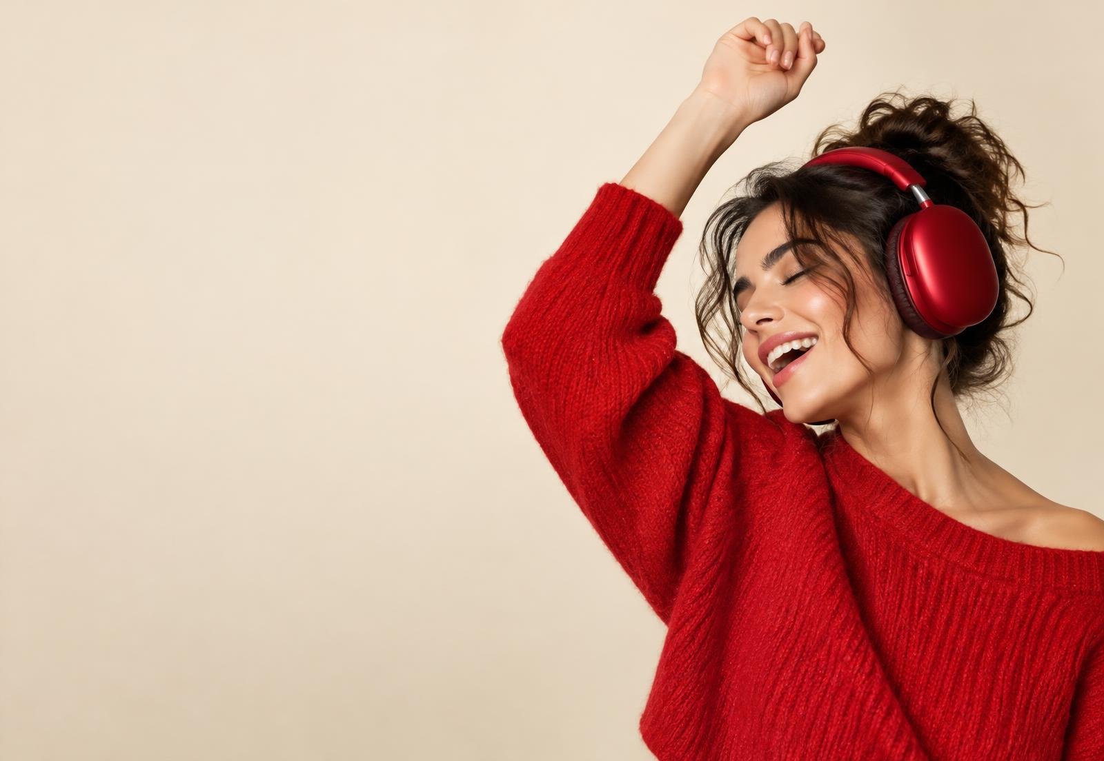 Woman in a red outfit wearing red over-ear headphones